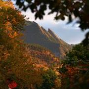 The majestic Flatirons above Boulder framed in fall colors. 