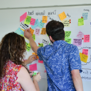 A man and two women stick post-it notes on white sheets of paper hanging from the wall